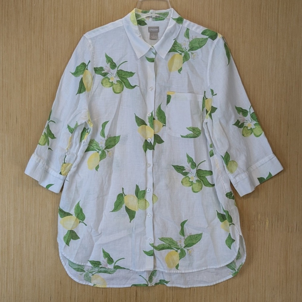 Chicos Linen Lemon Print Button Down Shirt Size XL No Iron White Yellow Vacation